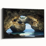 Framed canvas artwork showcasing a stunning cave landscape in vibrant colors, with a sleek black frame enhancing its modern aesthetic. Ideal for home decor and art lovers.