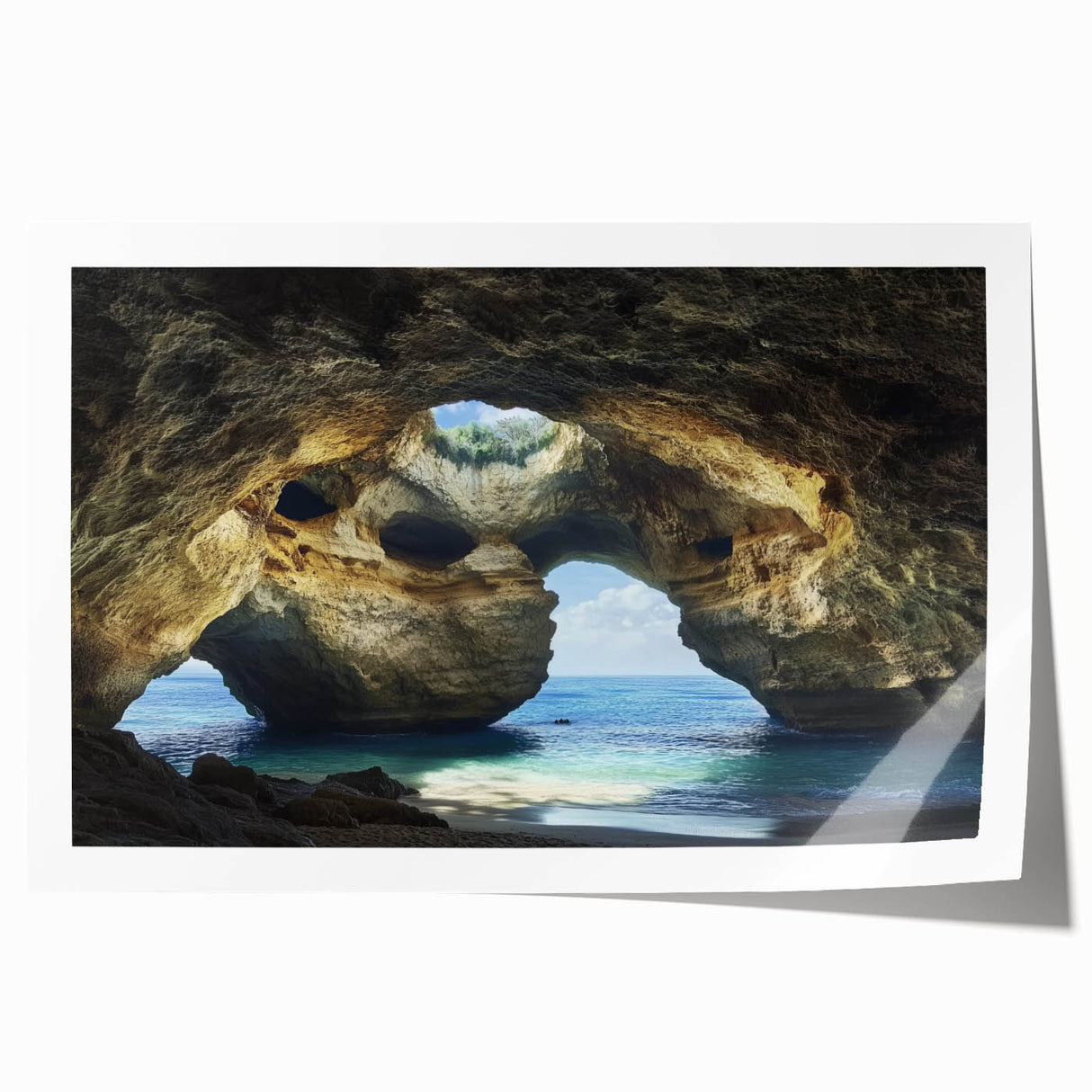 Stunning rolled print depicting a serene landscape with cave formations, showcasing earthy tones and intricate details, packaged securely for safe shipping.
