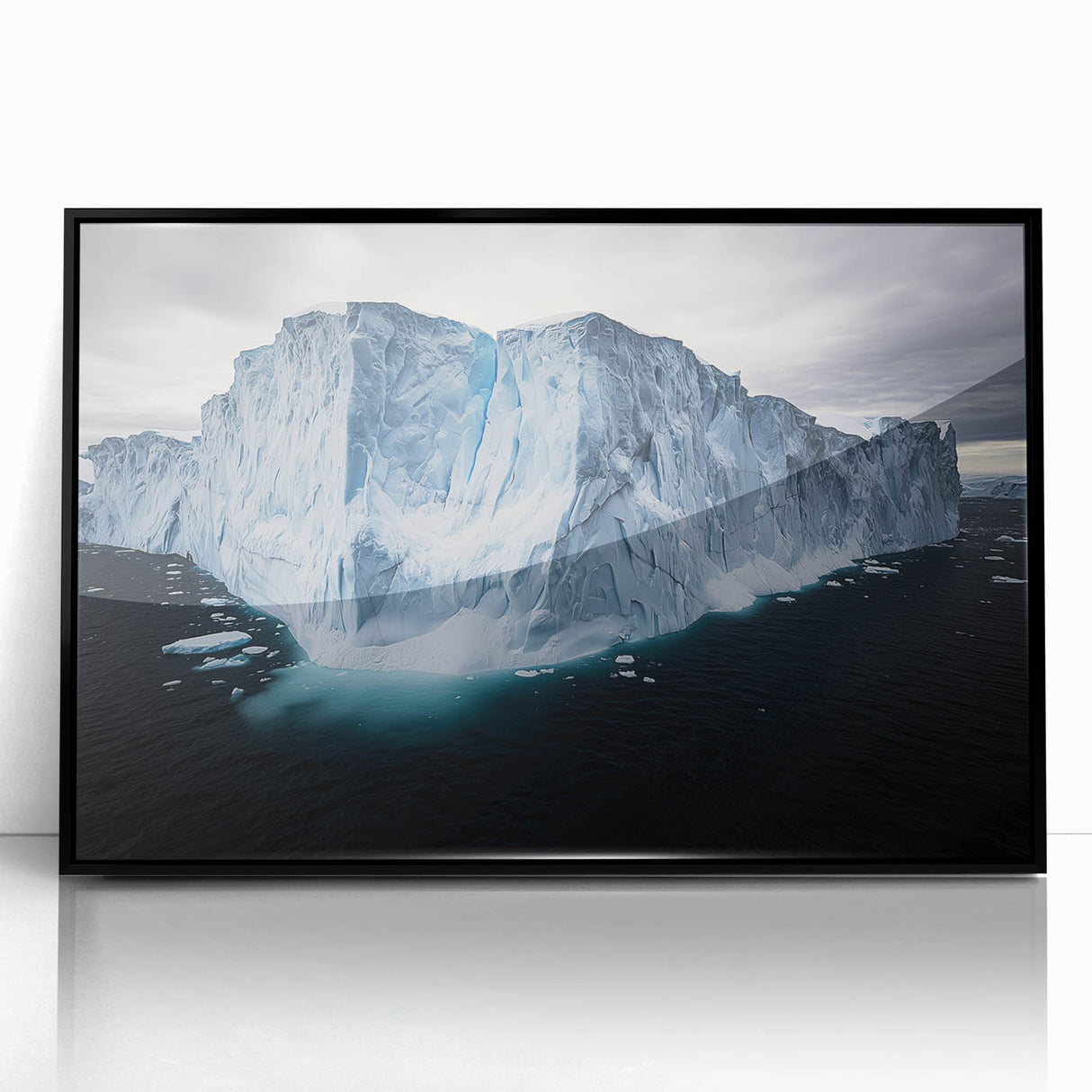 Framed acrylic wall art showcasing a dramatic cliff landscape with vibrant colors and intricate details, set against a sleek black frame, ideal for modern decor.