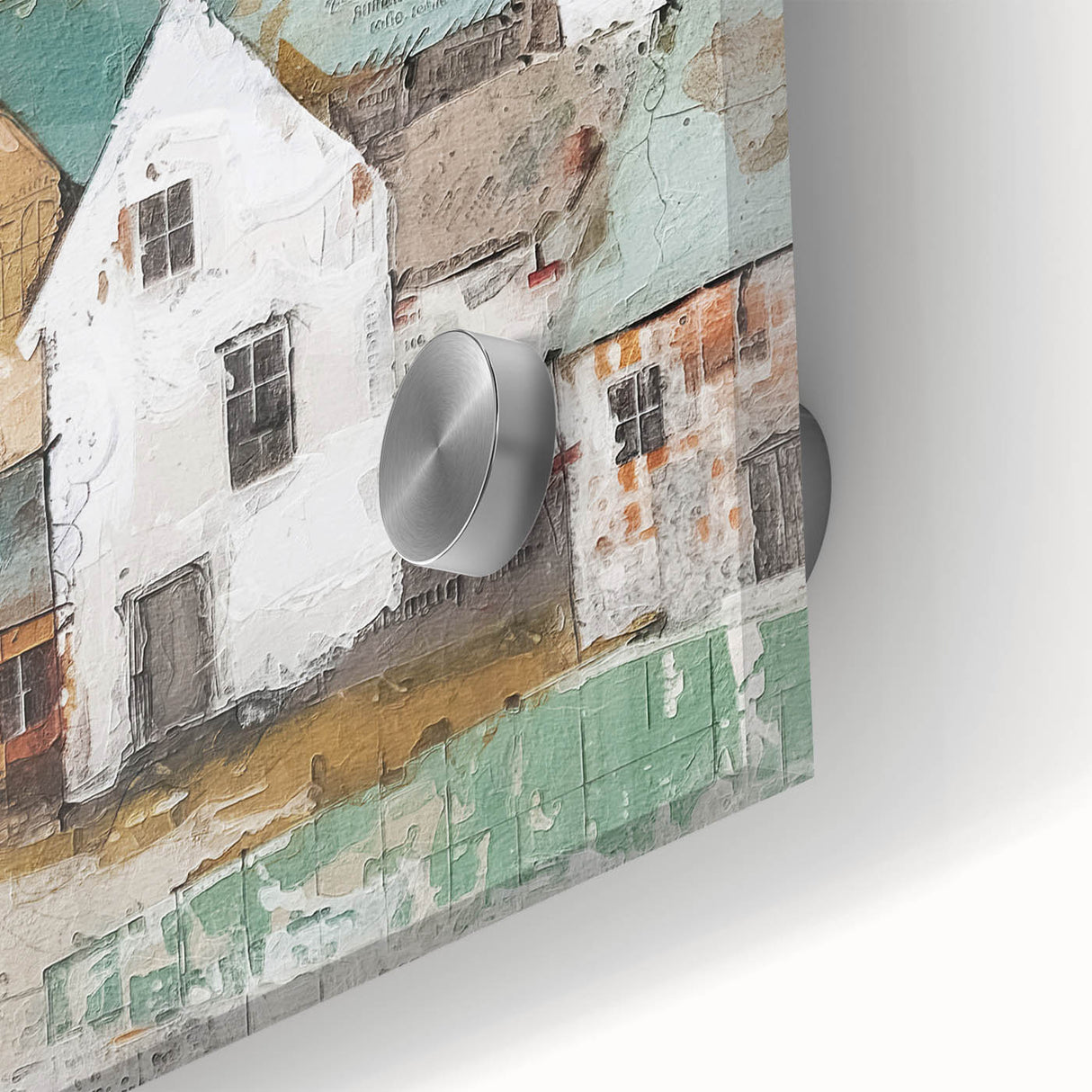 Close-up of abstract architecture wall art showcasing vibrant colors and geometric patterns, designed on acrylic glass for modern interior decor.