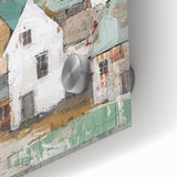 Close-up of abstract architecture wall art showcasing vibrant colors and geometric patterns, designed on acrylic glass for modern interior decor.