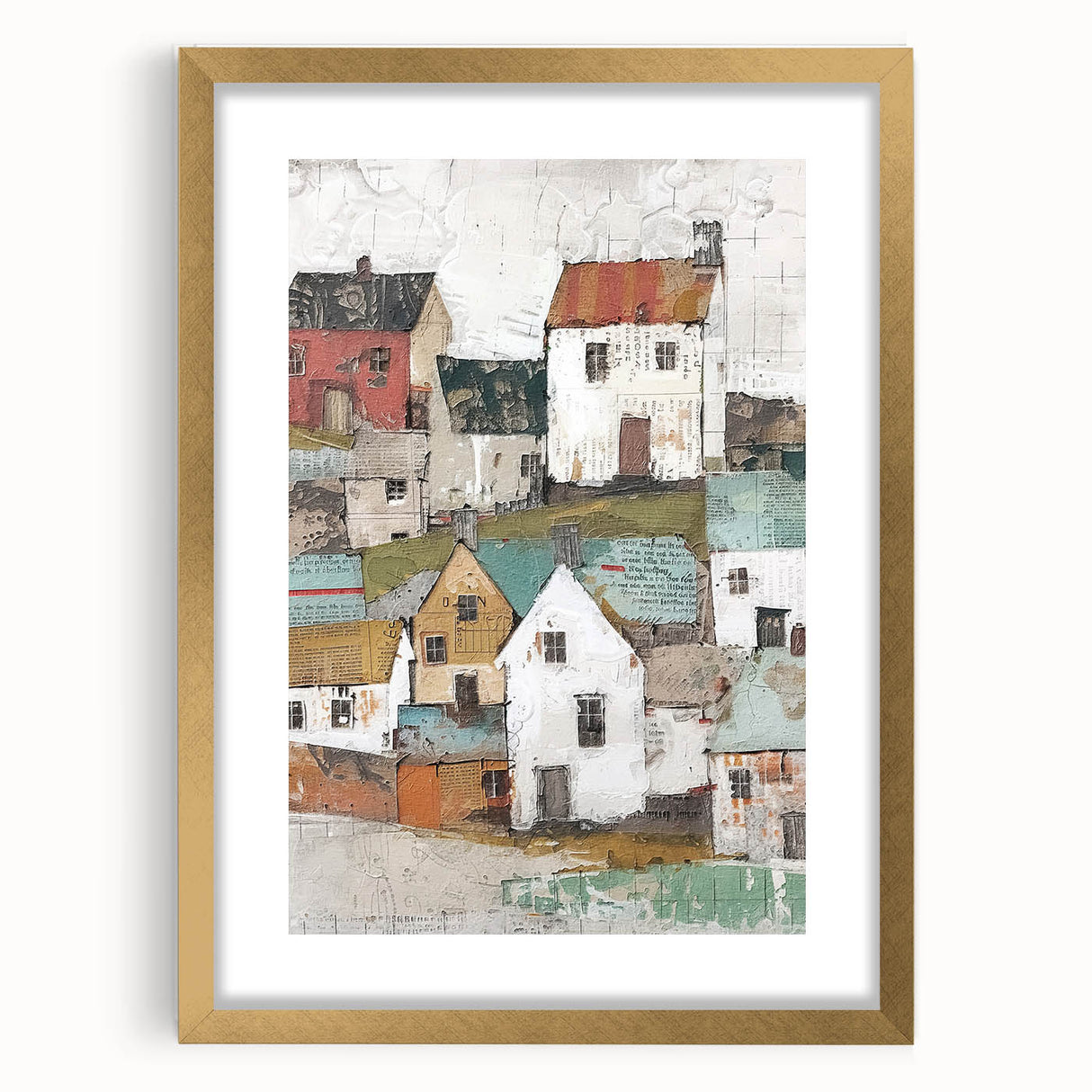 Abstract wall art print depicting modern architectural elements in gold and black, elegantly framed with a mat, perfect for contemporary home decor.