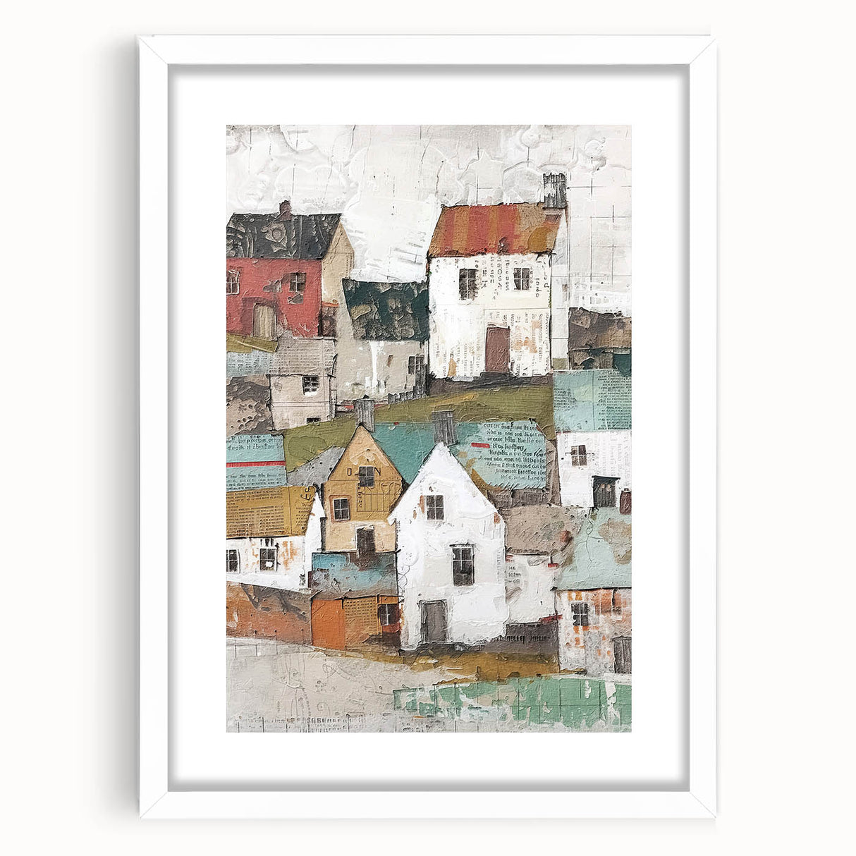 Abstract architecture wall art framed in white, showcasing geometric shapes and muted colors, perfect for modern home decor or office spaces.