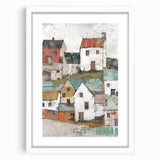 Abstract architecture wall art framed in white, showcasing geometric shapes and muted colors, perfect for modern home decor or office spaces.