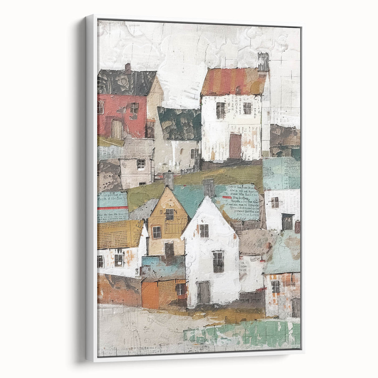Framed abstract architecture wall art featuring geometric shapes in soft white tones, displayed from the side to highlight its depth and texture. Ideal for modern home decor.