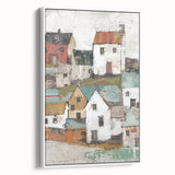 Framed abstract architecture wall art featuring geometric shapes in soft white tones, displayed from the side to highlight its depth and texture. Ideal for modern home decor.