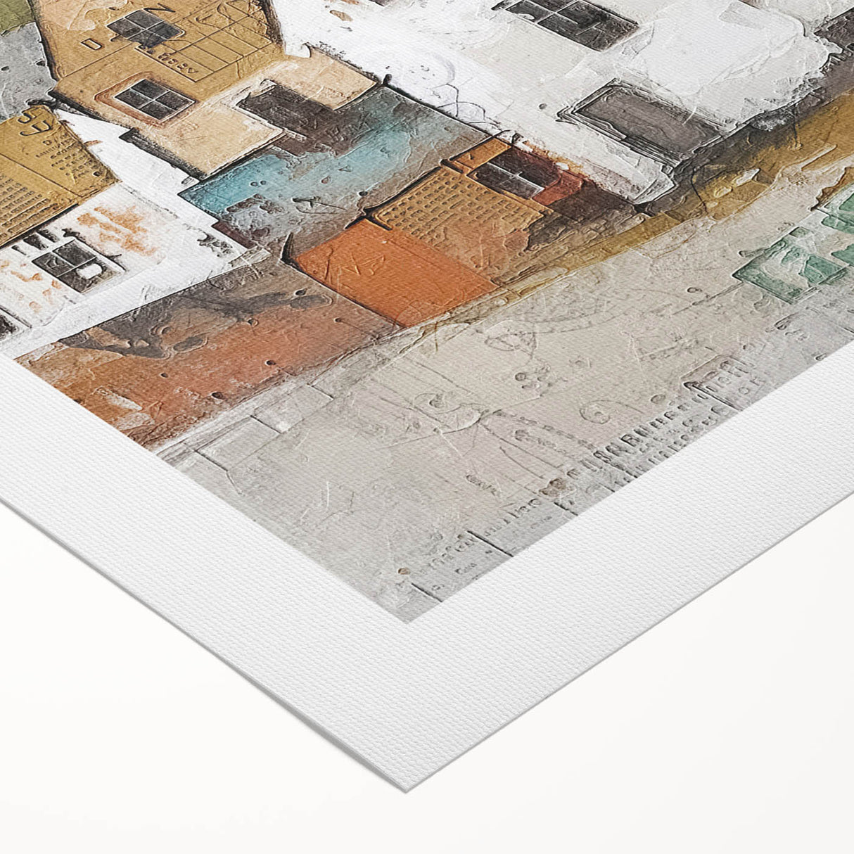 Abstract architectural wall art on rolled canvas, showcasing geometric shapes in muted tones of blue and gray, designed for modern interior decor.