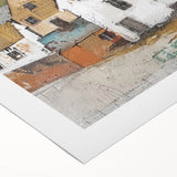 Abstract architectural wall art on rolled canvas, showcasing geometric shapes in muted tones of blue and gray, designed for modern interior decor.