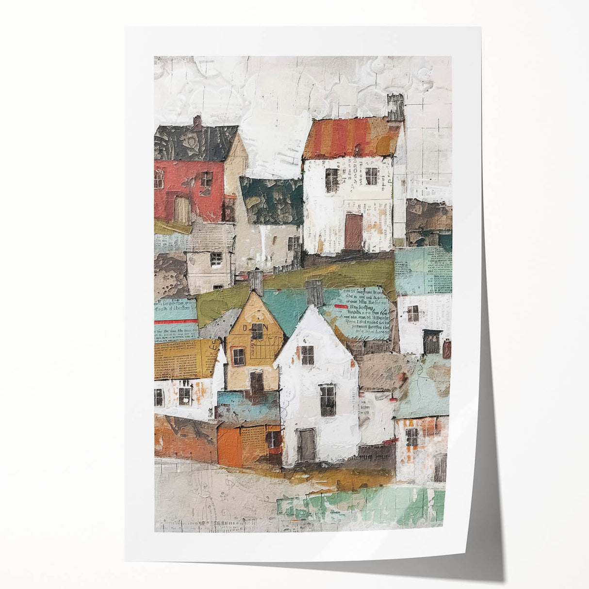 Abstract architectural wall art print showcasing geometric shapes in vibrant colors of blue, orange, and yellow, rolled and ready for display in a protective tube.