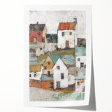 Abstract architectural wall art print showcasing geometric shapes in vibrant colors of blue, orange, and yellow, rolled and ready for display in a protective tube.