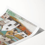 Abstract architectural wall art print showcasing vibrant geometric patterns in shades of blue, orange, and yellow, rolled and ready for framing.