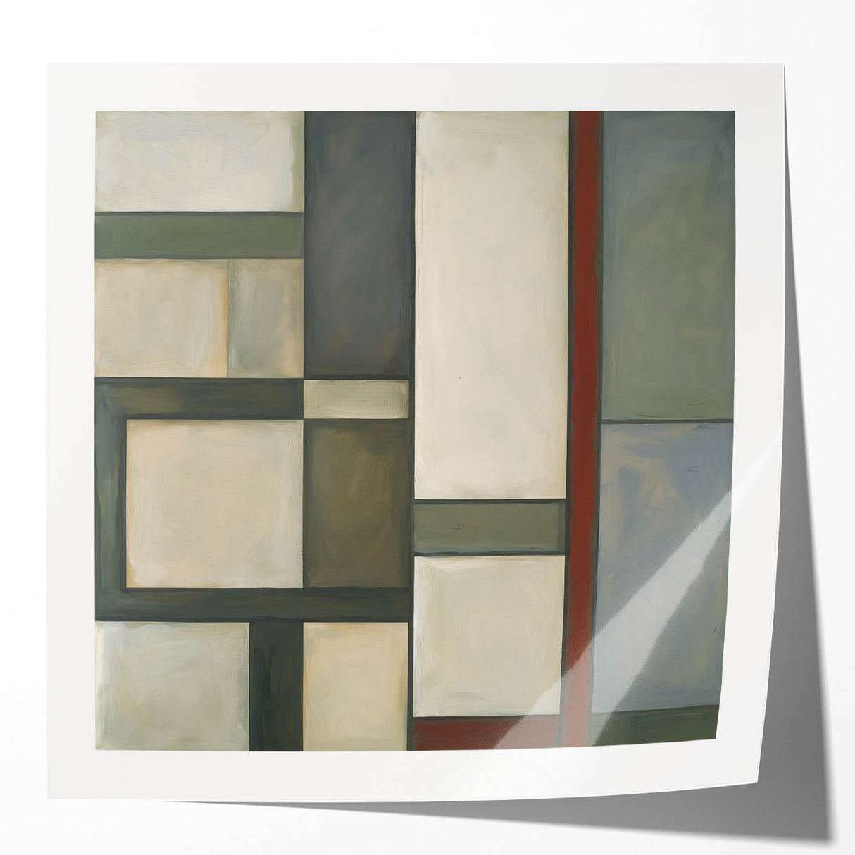 Abstract geometric art print mockup featuring vibrant colors and sharp angles, displayed in a glossy finish, perfect for modern home decor and design inspiration.
