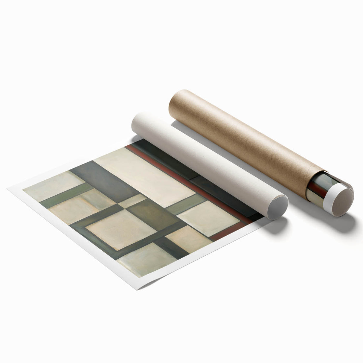 Abstract geometric rolled print showcasing vibrant colors and intricate patterns, ideal for modern home decor, securely packaged in a protective cardboard tube.