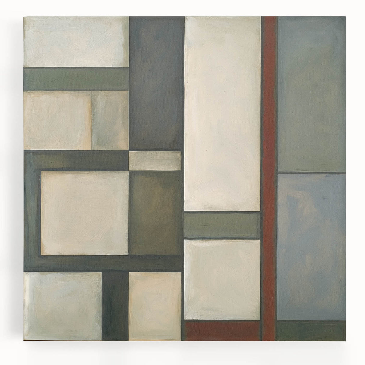 Abstract geometric stretched canvas art showcasing a vibrant color palette of blues, oranges, and yellows, ideal for modern home decor and artistic inspiration.