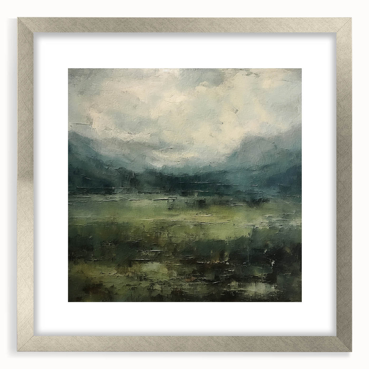 Abstract landscape wall art framed in silver with a mat, showcasing vibrant colors and dynamic shapes, perfect for modern home decor and artistic expression.