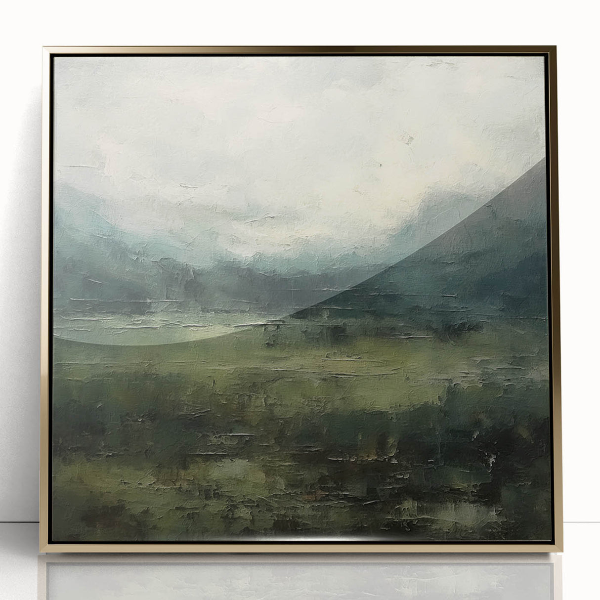 Framed acrylic wall art showcasing an abstract landscape design with gold accents, perfect for modern home decor. The piece features vibrant colors and intricate textures, enhancing any living space's aesthetic appeal.