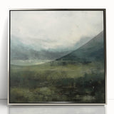 Framed abstract landscape wall art in silver acrylic, showcasing vibrant hues of blue and green with a modern design, perfect for contemporary decor.