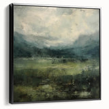 Framed abstract landscape wall art on canvas, showcasing vibrant colors and intriguing patterns, presented in a sleek black frame with a side view. Perfect for modern decor.