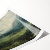 Abstract landscape wall art print showcasing vibrant hues of blue, green, and gold, rolled and ready for framing, perfect for modern home decor.