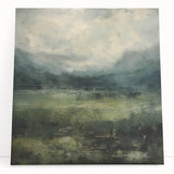 Stretched canvas wall art showcasing an abstract landscape design in vibrant colors, leaning against a textured wall, perfect for modern home decor.