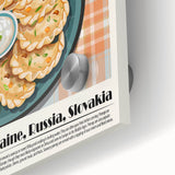 Close-up of large abstract wall art featuring assorted food dishes in muted earth tones on acrylic glass.