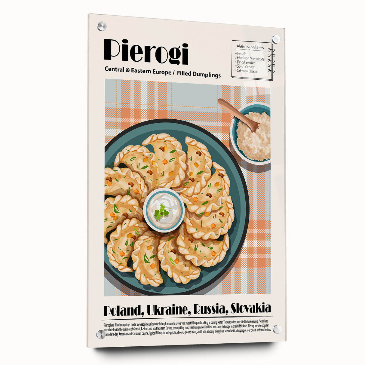 Acrylic glass print of assorted dishes in vibrant colors, ideal for dining room decor.