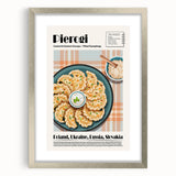 Textured art print of abstract food dishes in muted earth tones, framed with a silver mat, suitable for bedroom decor.