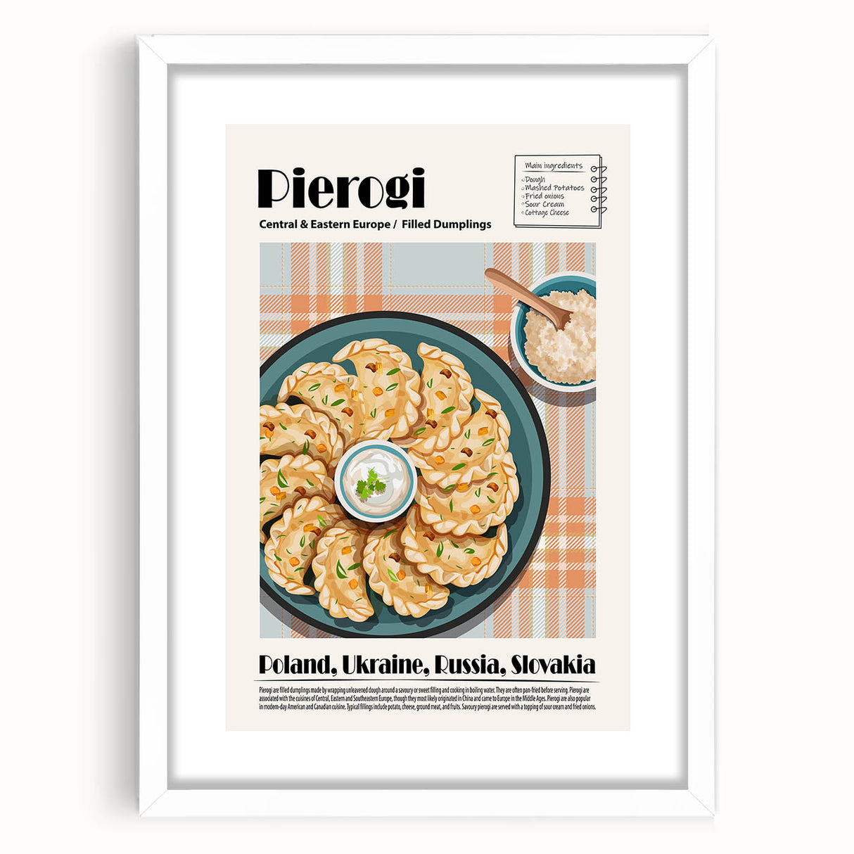 Abstract art print featuring assorted food dishes in muted earth tones, framed with a white mat, ideal for dining room decor.
