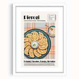 Abstract art print featuring assorted food dishes in muted earth tones, framed with a white mat, ideal for dining room decor.