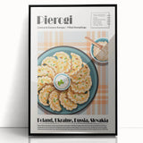 Large abstract wall art featuring an array of food dishes in muted earth tones, framed in black acrylic.