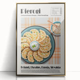 Large art print of assorted food dishes in mid-century modernist style, framed in gold acrylic.
