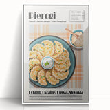 Art deco poster featuring an array of illustrated food dishes in muted colors on a white acrylic framed print.