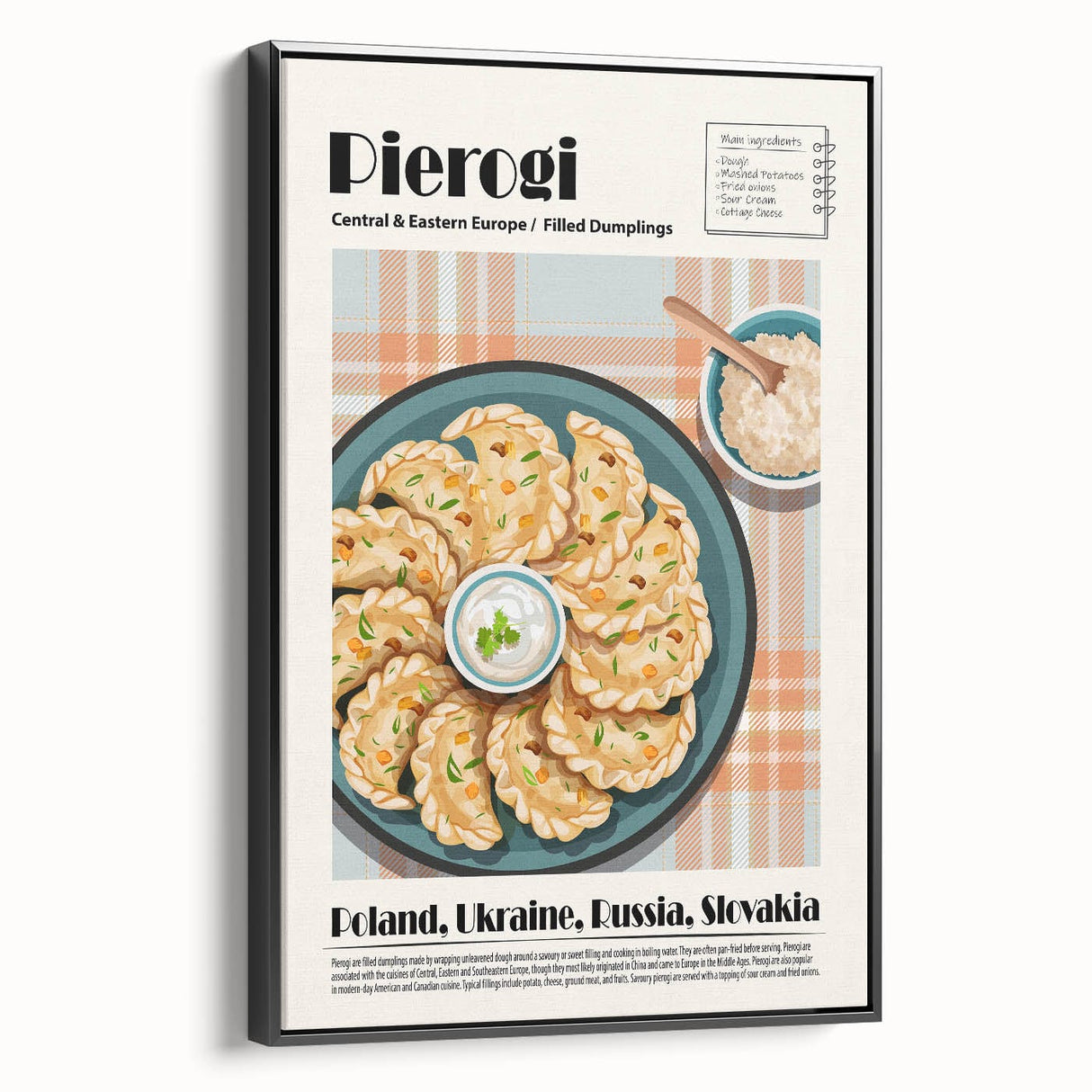 Black and white vintage poster art of assorted dishes, framed canvas, ideal for bedroom wall decor.