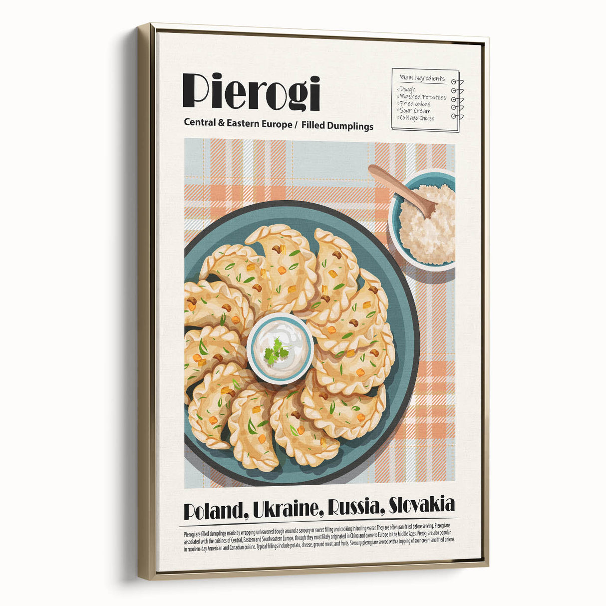 Framed canvas wall art depicting various food dishes in a vintage poster style, set against a black background.