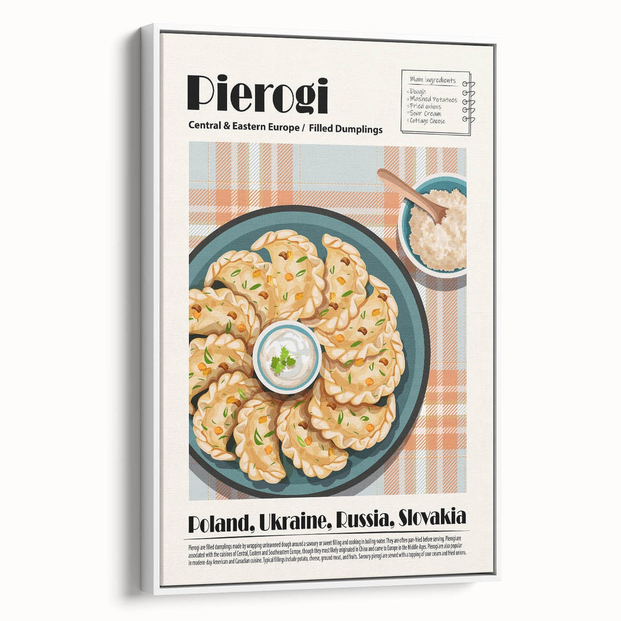 Vintage poster art of colorful food dishes on a framed canvas, ideal for living room decor.