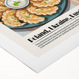 Art deco poster featuring an array of stylized food dishes in bold colors on rolled canvas.