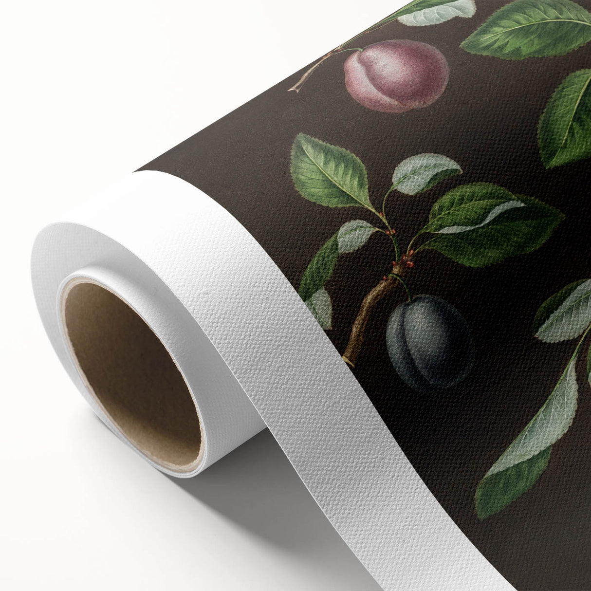 Rolled canvas with colorful art deco poster of assorted fruits, ideal for nursery wall art or dining room decor.