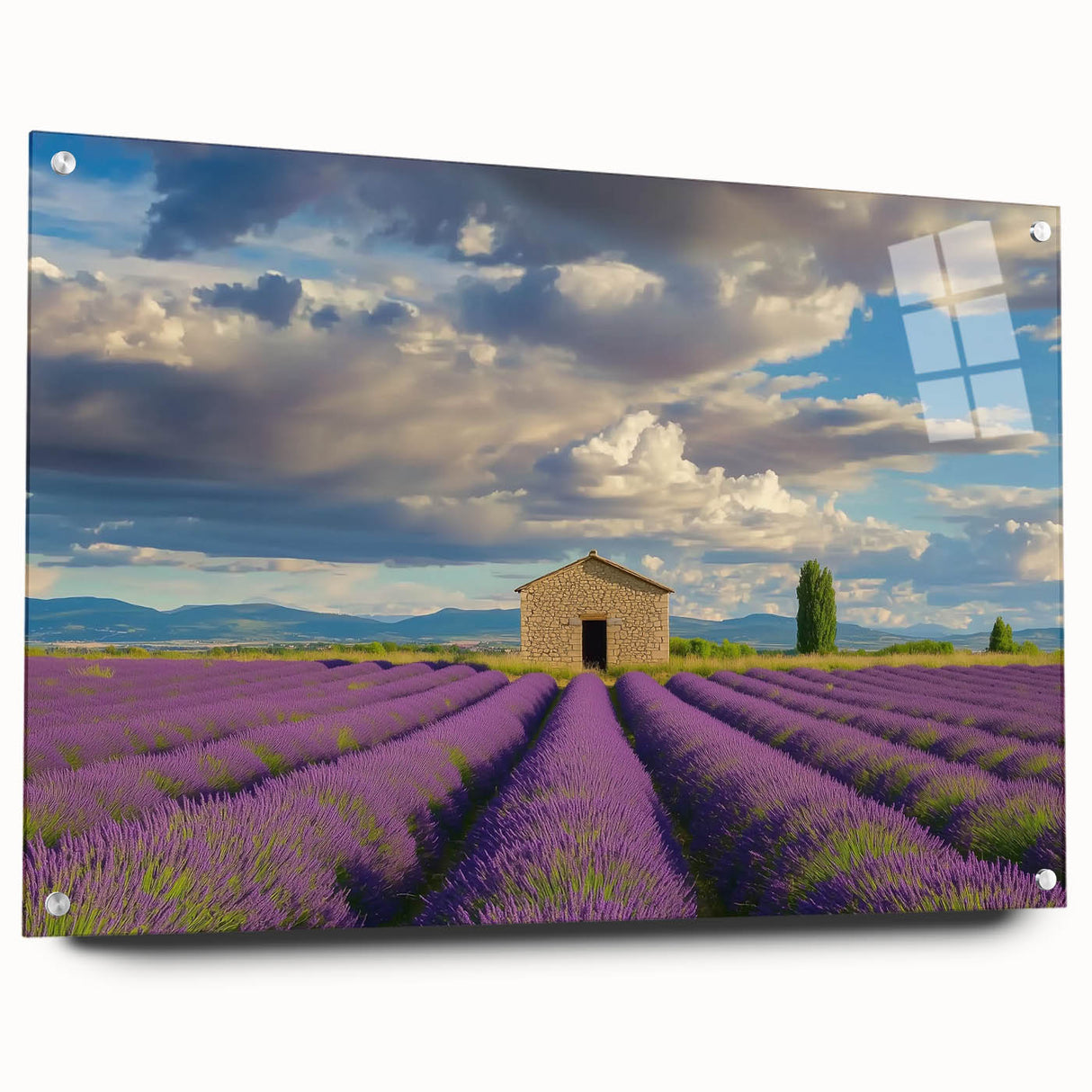 Acrylic glass artwork displaying a landscape view of a barn, showcasing vibrant colors and intricate details, elegantly mounted with pins for a modern aesthetic.