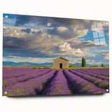 Acrylic glass artwork displaying a landscape view of a barn, showcasing vibrant colors and intricate details, elegantly mounted with pins for a modern aesthetic.
