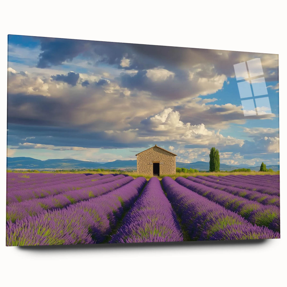 Acrylic glass landscape artwork displaying a rustic barn view, showcasing vibrant colors and fine details, perfect for home decor or office ambiance.