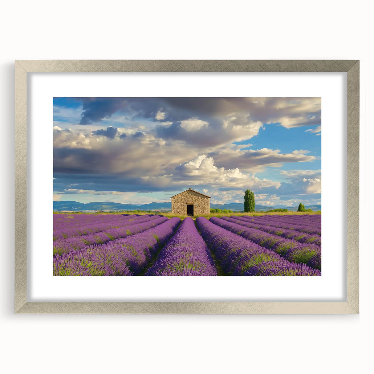 Landscape barn frame with a silver mat showcasing a serene outdoor scene, highlighting vibrant colors and intricate details, perfect for home decor enhancement.