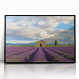 Framed acrylic artwork showcasing a serene landscape scene with a barn, highlighted by a sleek black frame. Ideal for home decor, this piece adds rustic charm.