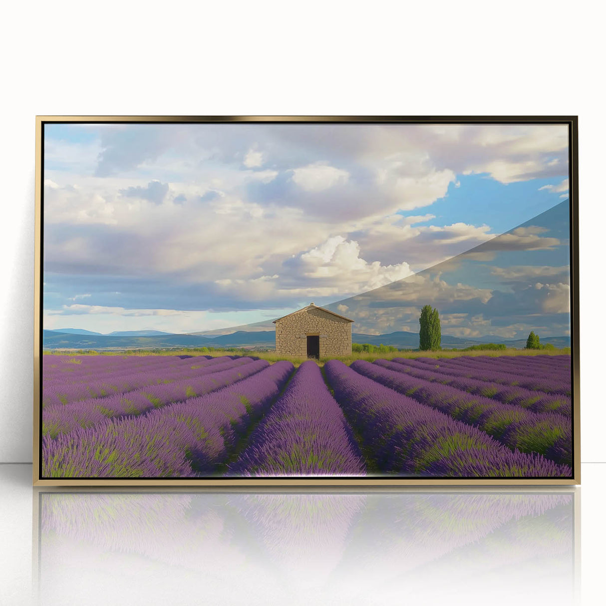 Elegant landscape artwork featuring a barn framed in gold acrylic, showcasing vibrant colors and a serene rural scene, perfect for home decor or art enthusiasts.