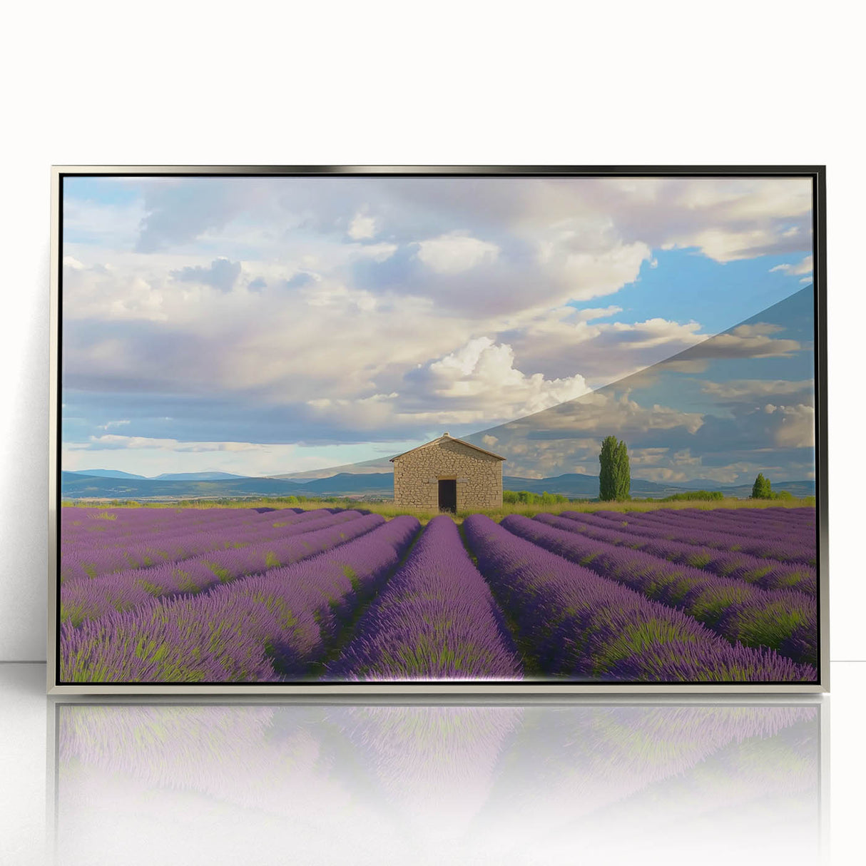 Framed acrylic wall art depicting a serene landscape scene with silver accents, showcasing vibrant colors and intricate details, perfect for home decor.