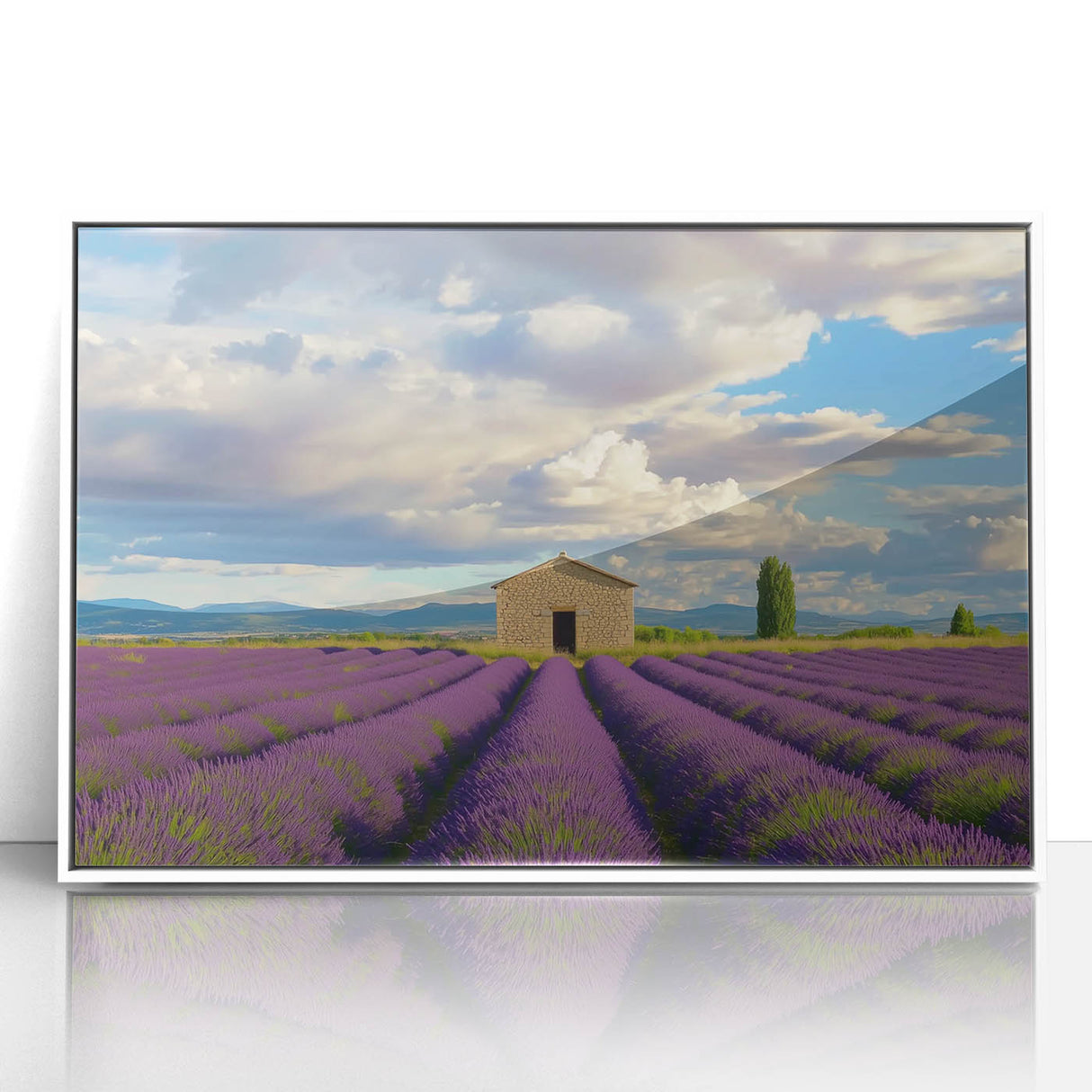 Framed acrylic print of a serene landscape featuring a rustic barn surrounded by lush greenery, ideal for home decor or farmhouse aesthetics.