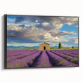 Black side view of a barn-framed canvas showcasing a stunning landscape design, highlighting vibrant colors and intricate details, perfect for home decor.