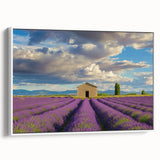 Landscape barn-themed canvas print with a white frame, showcasing rustic imagery and a side view that highlights its detailed craftsmanship and vibrant colors, perfect for home decor.