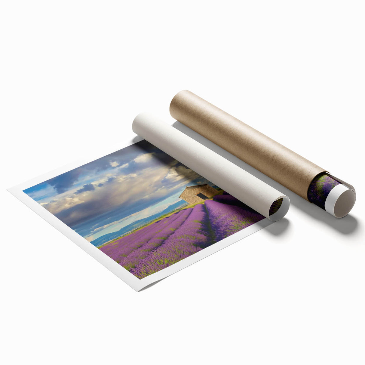 Rustic landscape barn art print on rolled canvas, showcasing vibrant colors and intricate details, ideal for farmhouse decor. Packaged securely in a durable tube.