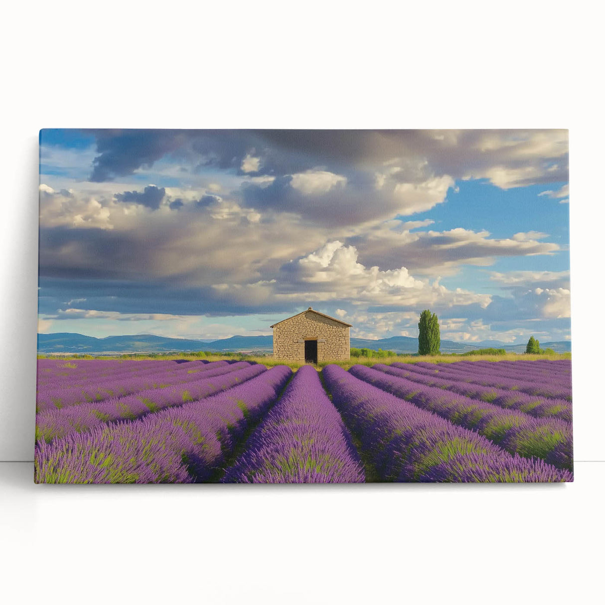 Stretched canvas artwork showcasing a serene landscape of a rustic barn surrounded by lush greenery, perfect for farmhouse decor and nature enthusiasts.