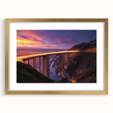 Elegant gold landscape bridge frame with a white mat, showcasing a stunning view of nature, perfect for home decor or gallery display. Ideal for adding sophistication to any space.
